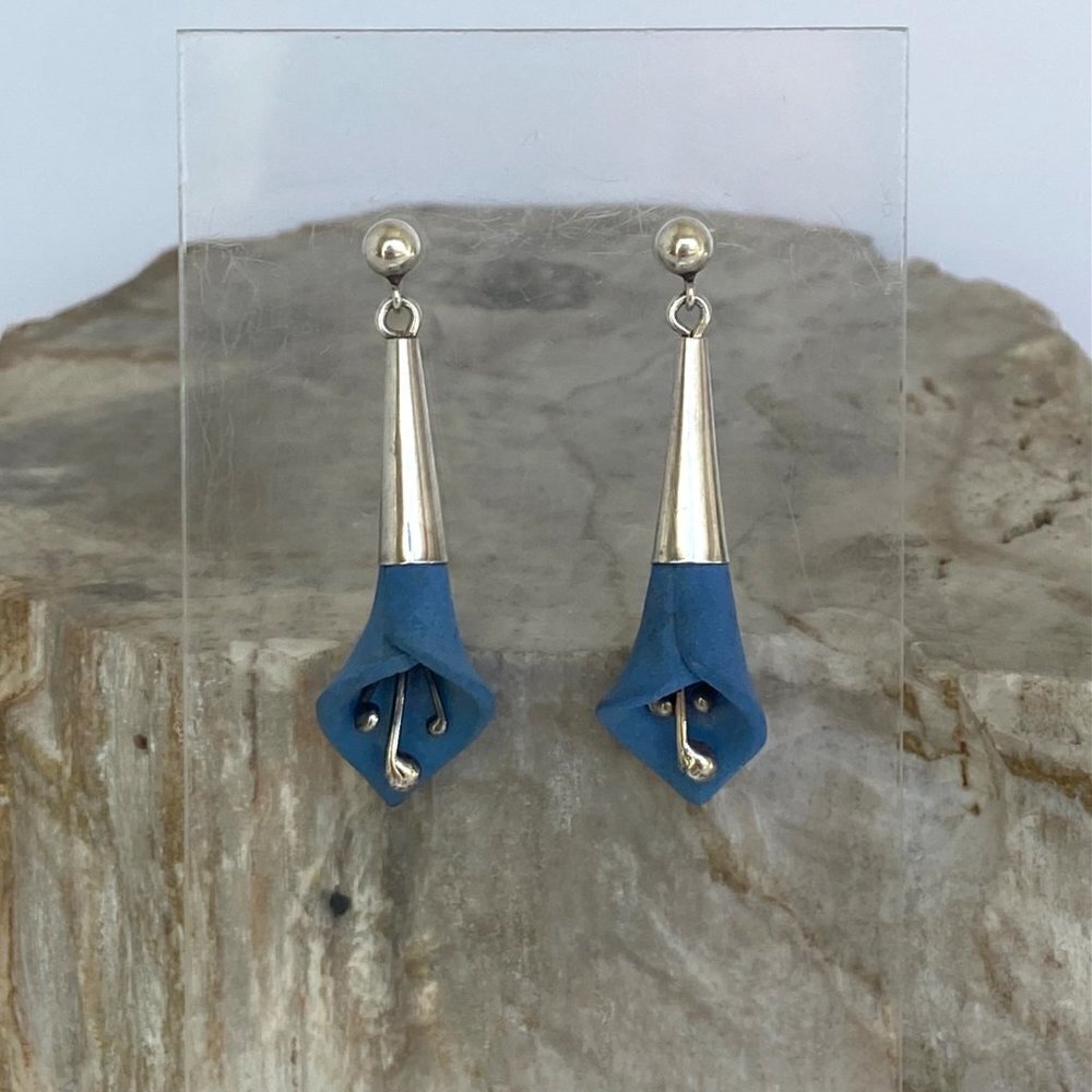 Sterling Silver 925 1.5" Blue Resin 3D Calla Lily Floral Flower Dangle Earrings